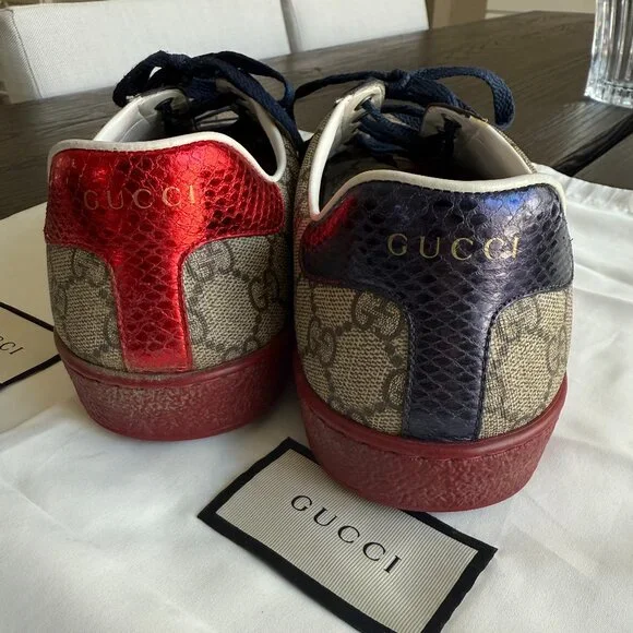 Gucci Ace GG Supreme Sneakers Men’s Size 8.5 Beige Red Blue Stripe - Picture 3 of 10